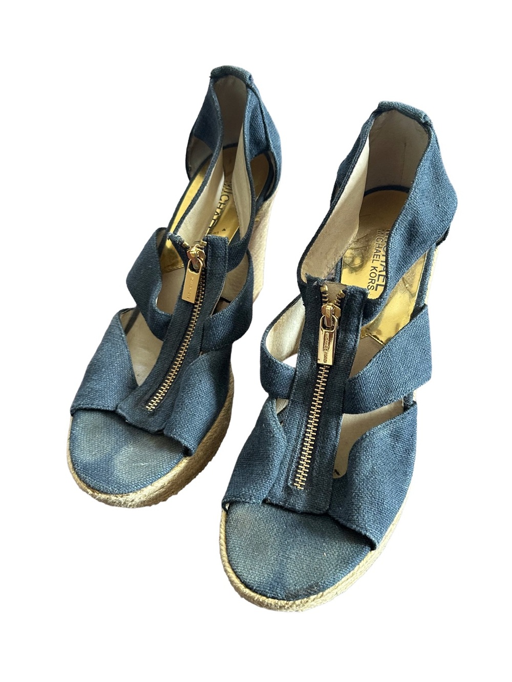 Michael Kors Denim Blue Espadrille Wedge Sandals with Front Zip